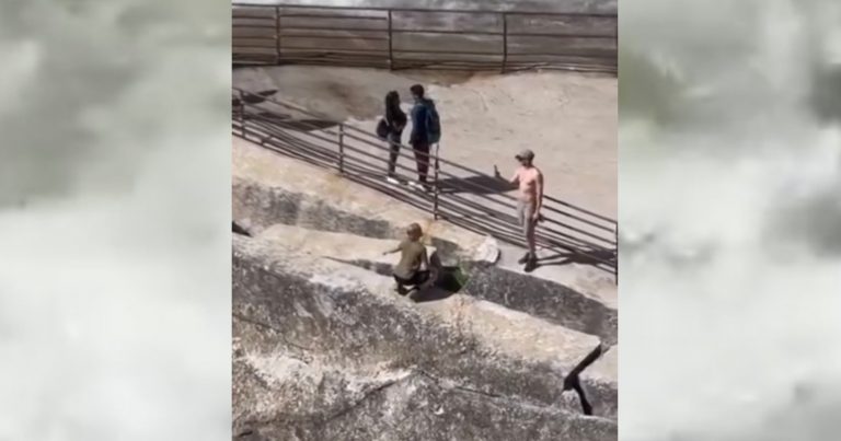 Tourists Jump Barrier to Take Photo at Edge of 317-FT Waterfall in Yosemite Park