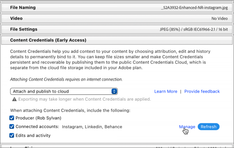 Applying Content Credentials on Export