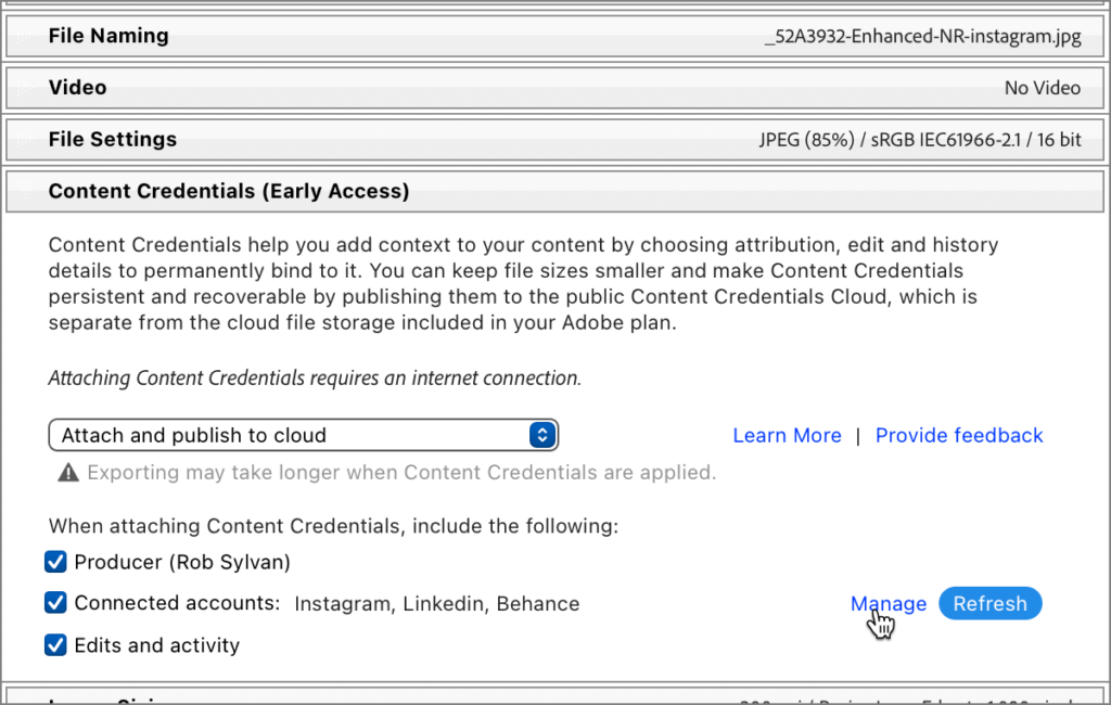 Applying Content Credentials on Export