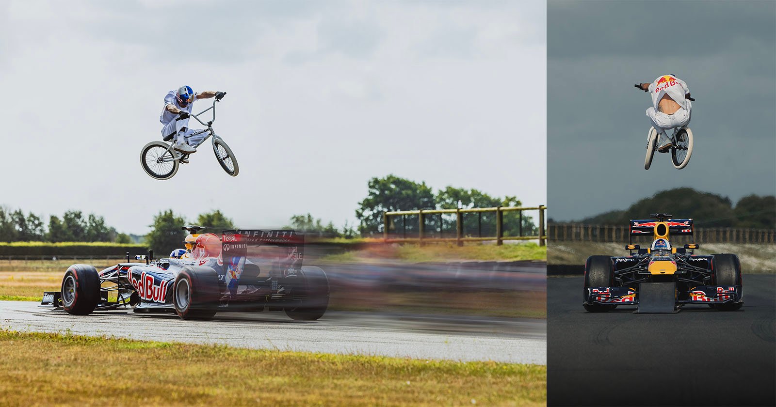 Hair-Raising Photos of a BMX Biker Jumping Over a Moving F1 Car Hair-Raising Photos of a BMX Biker Jumping Over a Moving F1 Car