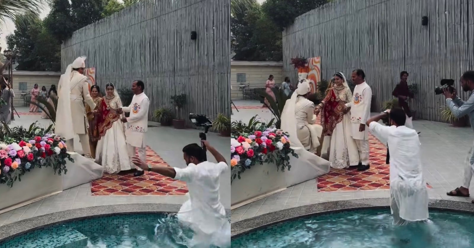 Wedding Photographer Falls Backwards into Pool Mid-Shoot but Keeps Taking Pictures