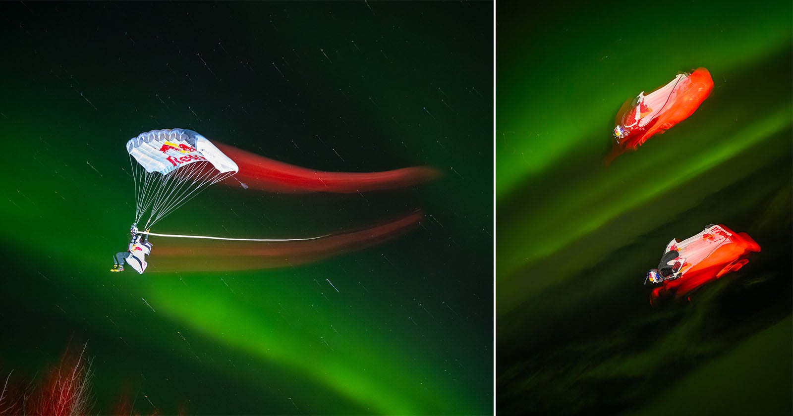 Red Bull’s Mid-Air Photo Shoot Combines Skydivers and the Aurora Borealis